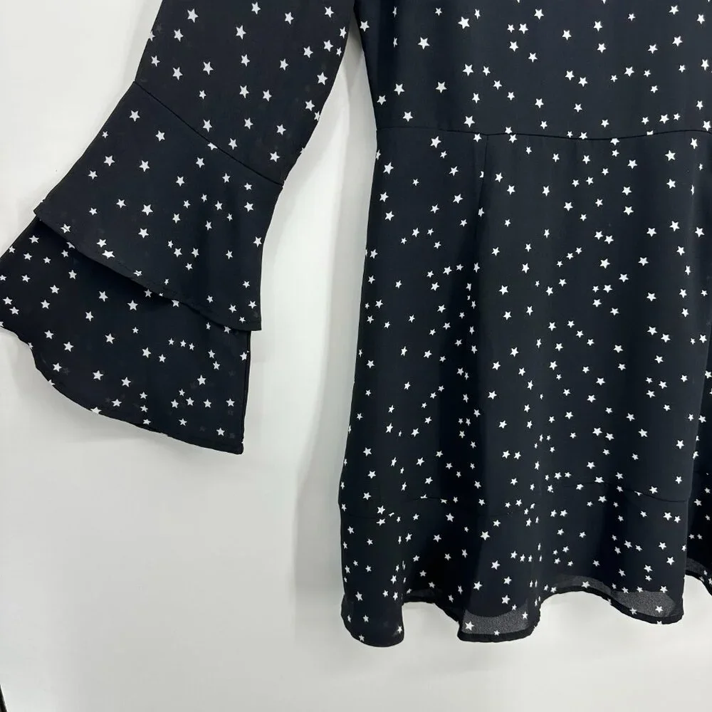 Lucky Brand Star Print Mini Dress M Long Bell Sleeves A Line Black